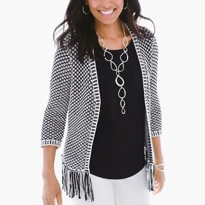 Chico’s Bi-Color Fringe Textured Cardigan Open Knit Sz 1/M Black and White